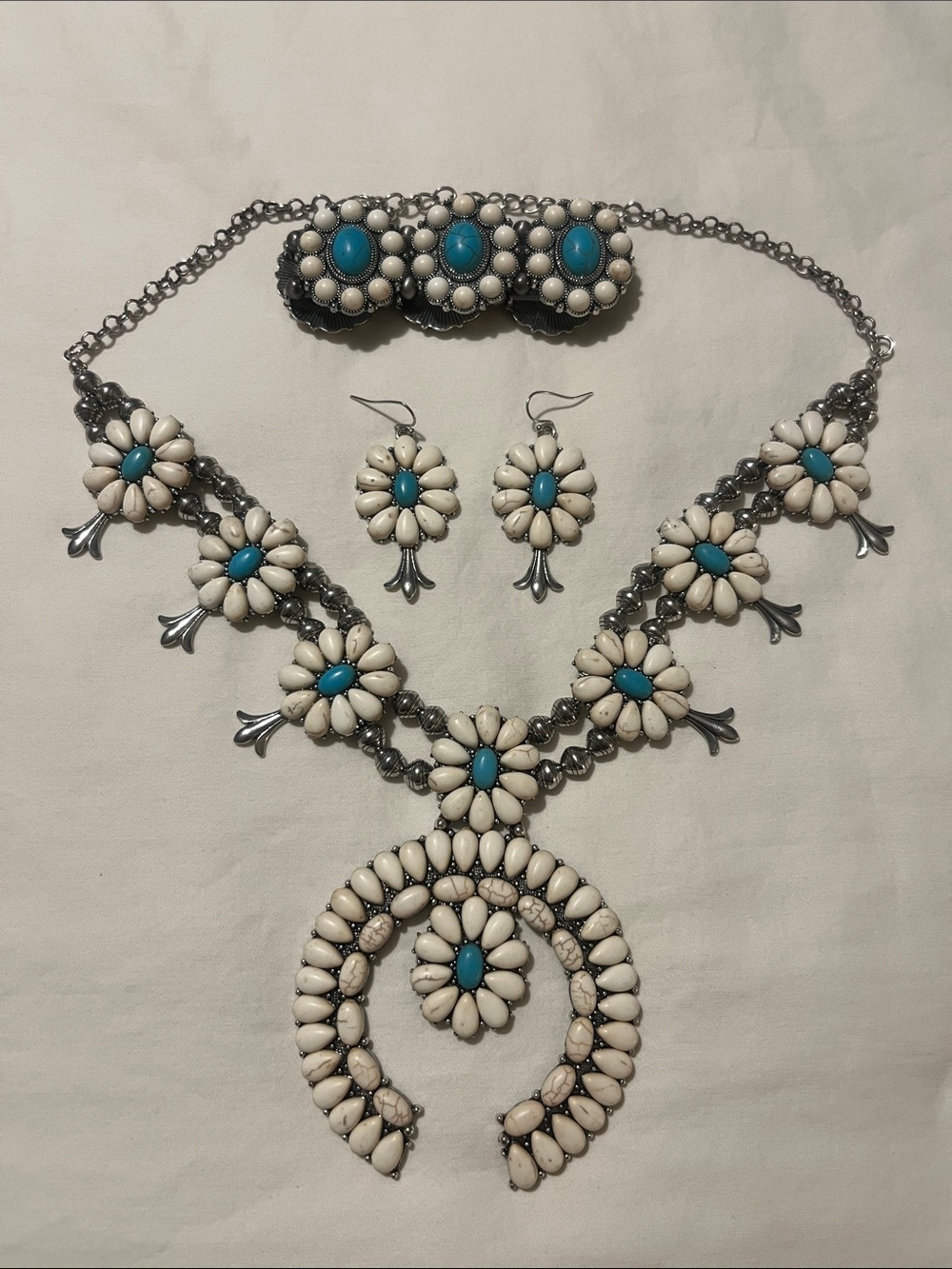 White and Turquoise Floral Statement Necklace Set - Women Jewelry